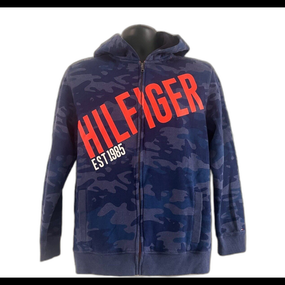 Tommy Hilfiger Camo Logo Zip Up Hoodie Youth XL 20 Blue Orange Y2K Streetwear